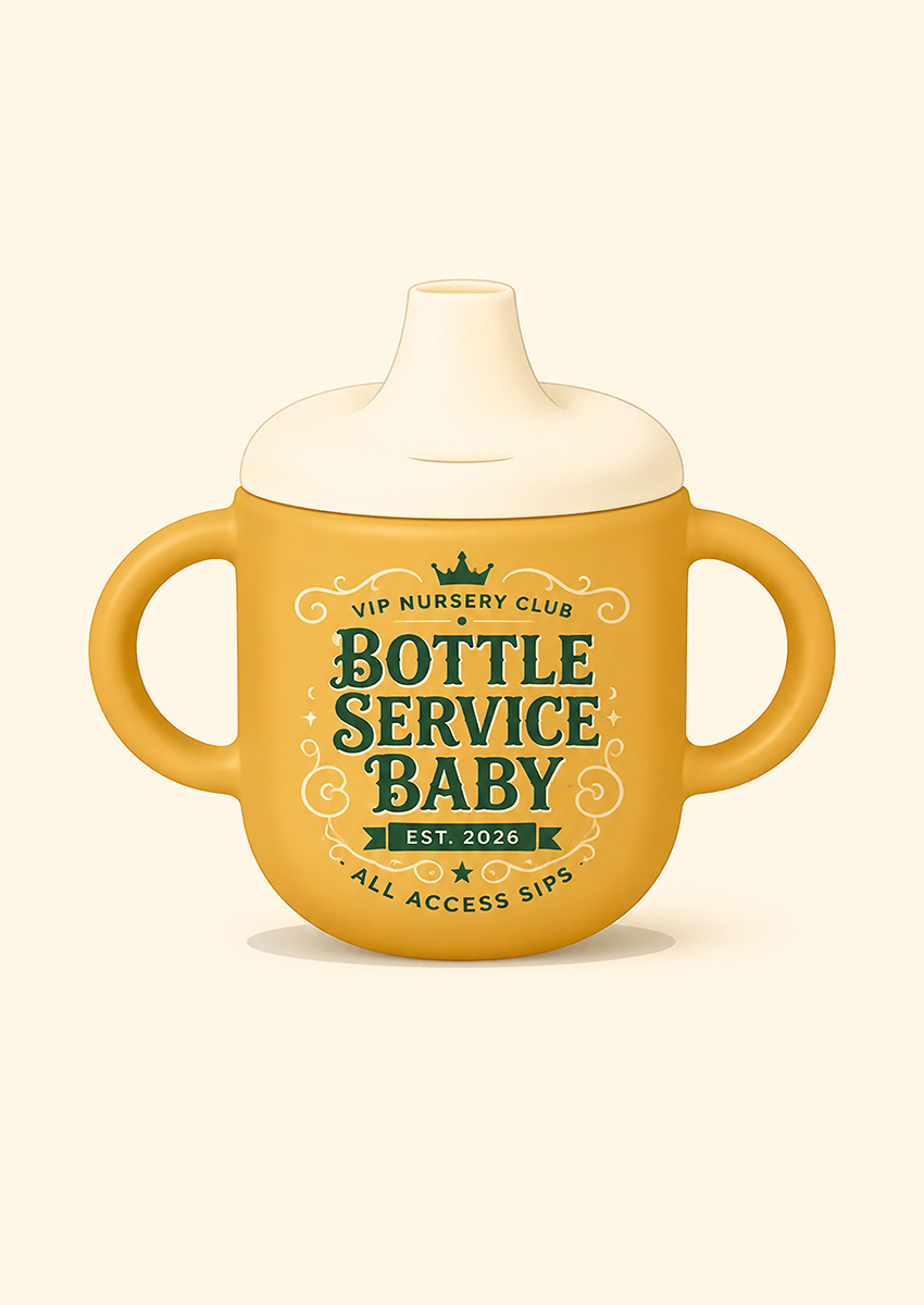 Illustration of a yellow baby bottle with the text Bottle Service Baby in a premium aesthetic design